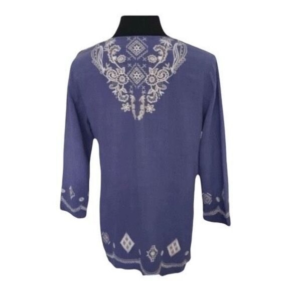 Short Open Front Cardigan Size S Blue Floral Embroidered 100% Linen 3/4-Sleeve - Picture 3 of 11